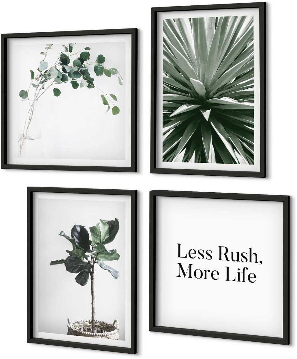Coloray 4-Delige Schilderij Set - Groene Planten In Minimalistische Stijl Met Belettering - 40 x 40 cm En 40 x 60 cm - Decoratieve Schilderijen - Woonkamer - Interieur - Muurdecoratie Zwarte lijst