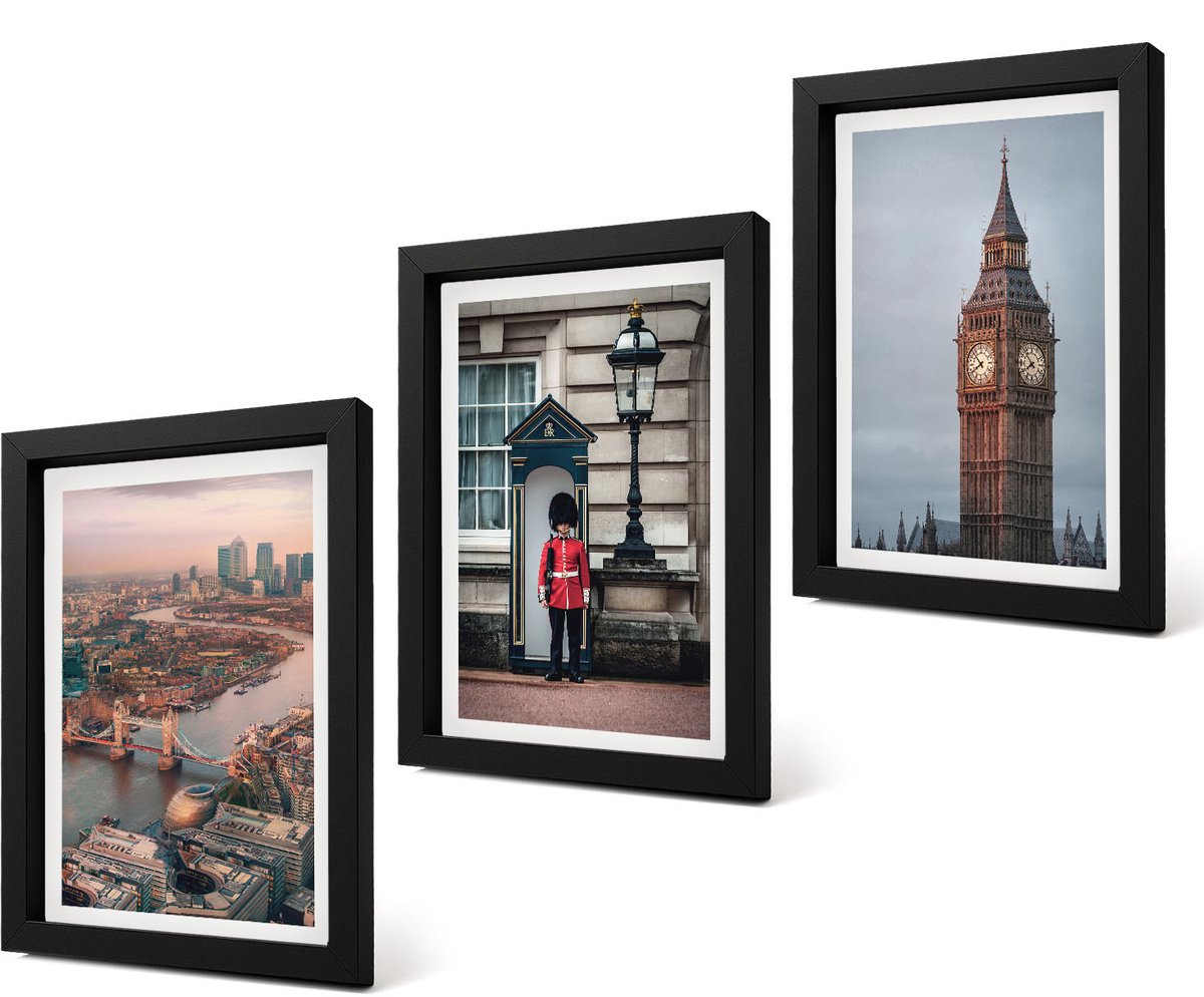 Coloray 4-Delige Schilderij Set - Uitzicht op Londen met de brug en de Big Ben. - 20 x 30 cm - Moderne Wanddecoratie - Woonkamer - Interieur Decoratie Zwarte lijst