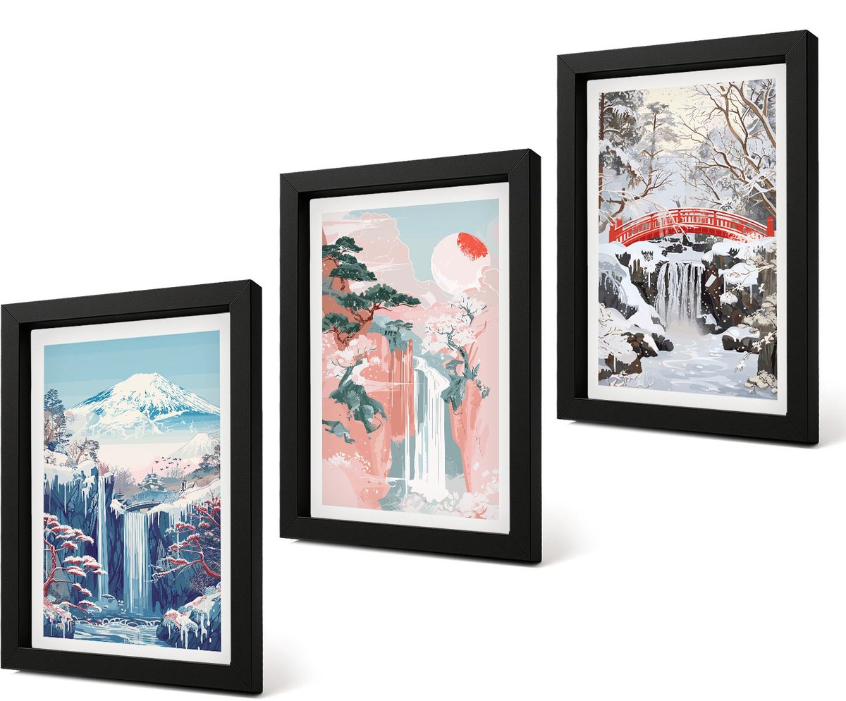 Coloray 4-Delige Schilderij Set - Berglandschappen en watervallen in verschillende seizoenen - 20 x 30 cm - Wanddecoratie - Schilderijen Set - Interieur Zwarte lijst