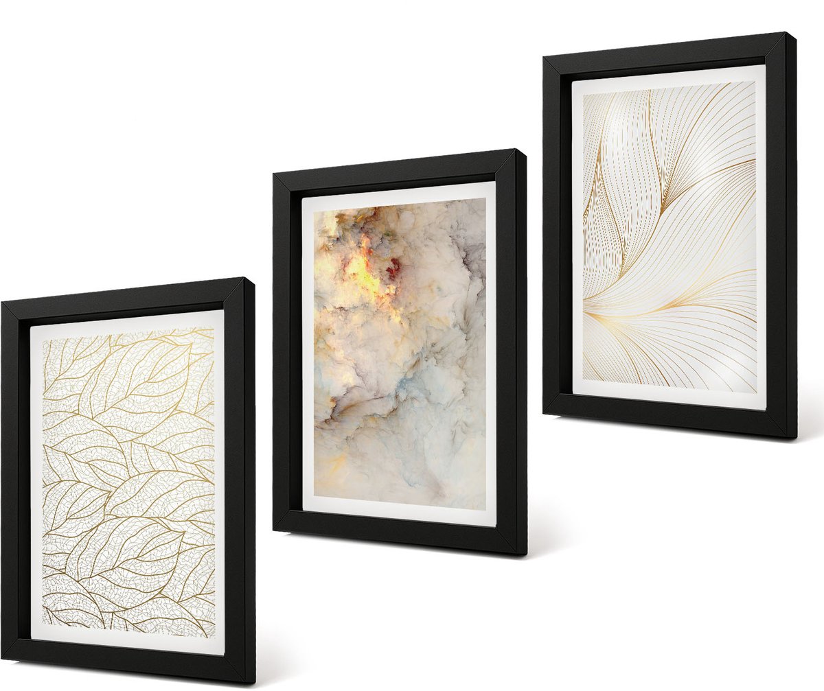 Coloray 4-Delige Schilderij Set - Lineaire bladpatronen Abstract marmer - 20 x 30 cm - Muurdecoratie - Interieur Decoratie - Wanddecoratie