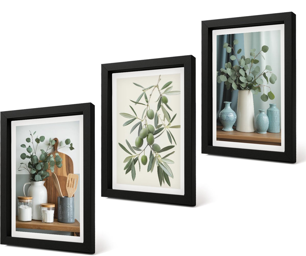 Coloray 4-Delige Schilderij Set - Esthetisch aantrekkelijke combinatie van groene olijven en eucalyptustakken - 20 x 30 cm - Muurdecoratie - Wanddecoratie - Hal - Woonkamer Decoratie