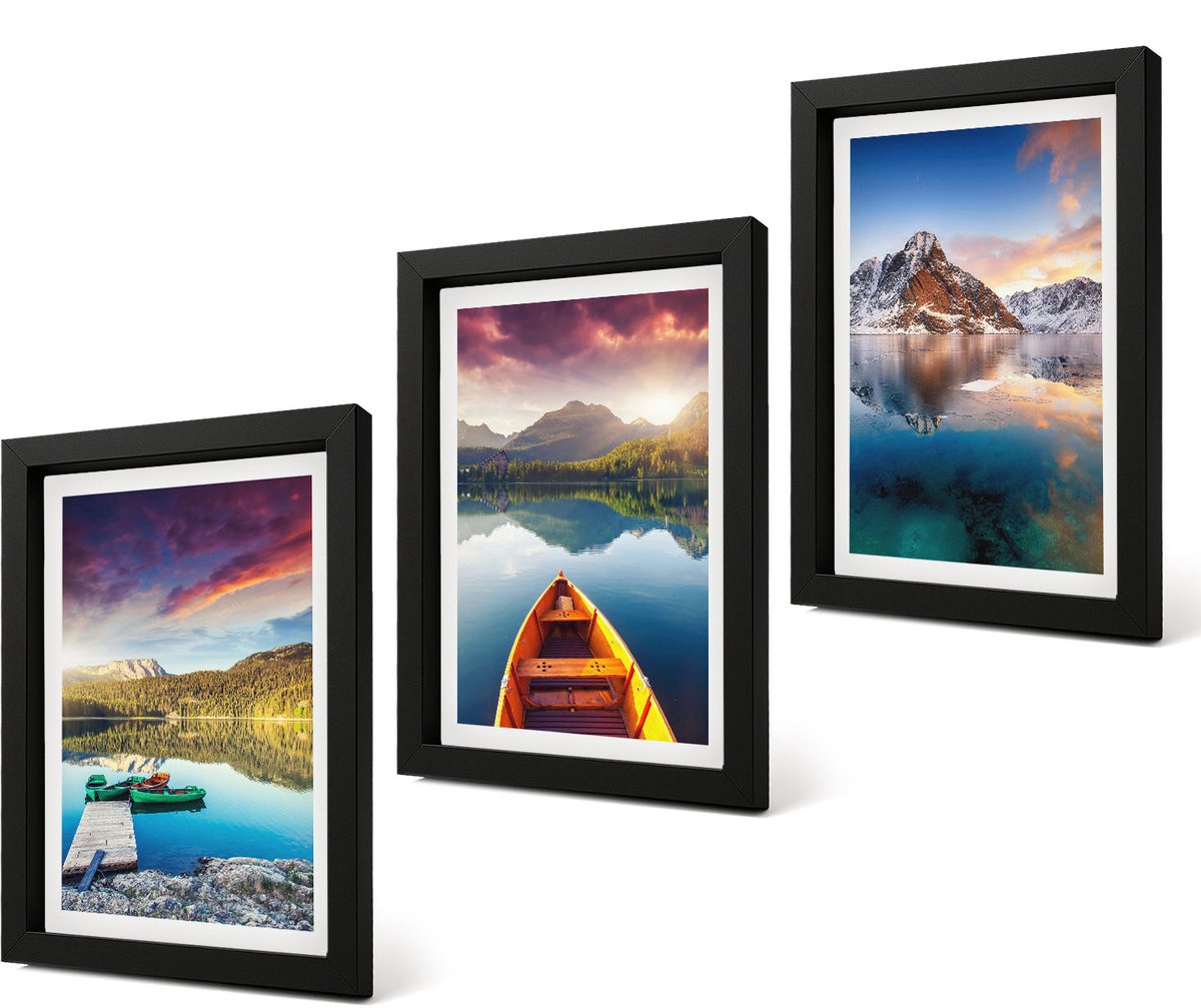 Coloray 4-Delige Schilderij Set - Rustige meren met berglandschap en boot - 20 x 30 cm - Muurdecoratie - Wanddecoratie - Hal - Moderne Wanddecoratie