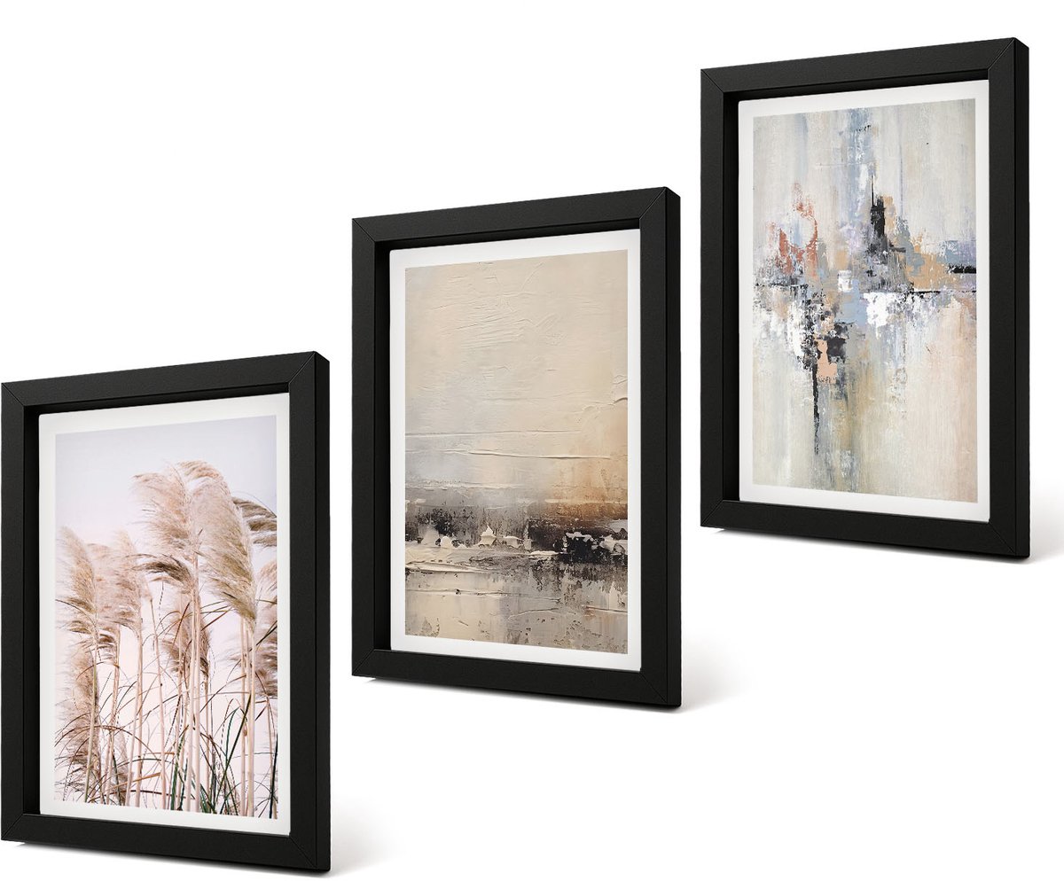 Coloray 4-Delige Schilderij Set - Abstracte patronen van natuurlijke vegetatie in ingetogen kleuren. - 20 x 30 cm - Stijlvolle Wanddecoratie - Interieur Zwarte lijst