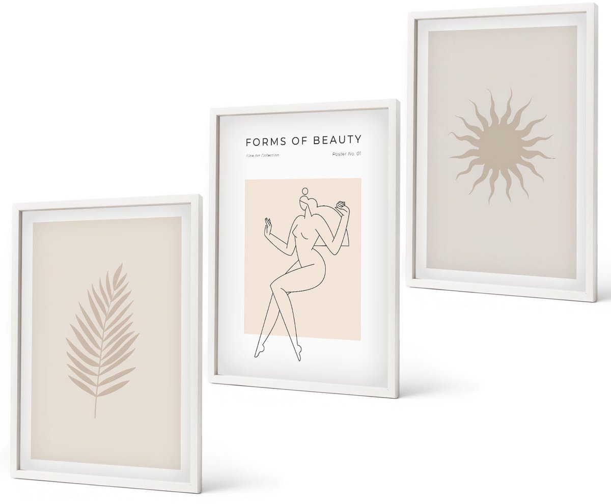 Coloray 3-Delige Schilderij Set - Een Verzameling Minimalistische Vormen En Natuurlijke Figuren - 40 x 60 - Stijlvolle Muurdecoratie - Slaapkamer - Wanddecoratie