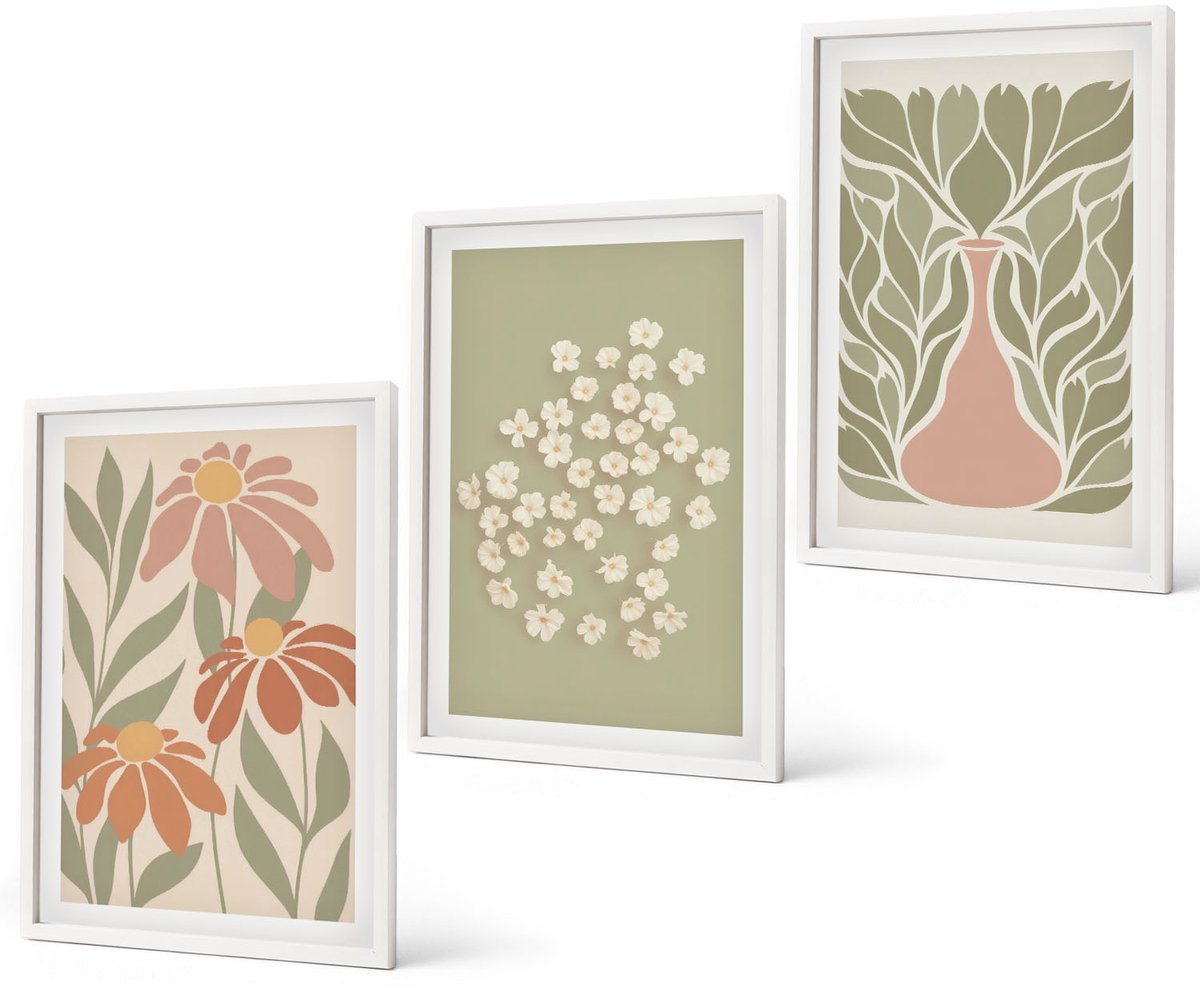 Coloray 3-Delige Schilderij Set - Bloemmotieven, Minimalistische Patronen, Boho-Stijl - 40 x 60 - Moderne Wanddecoratie - Woonkamer