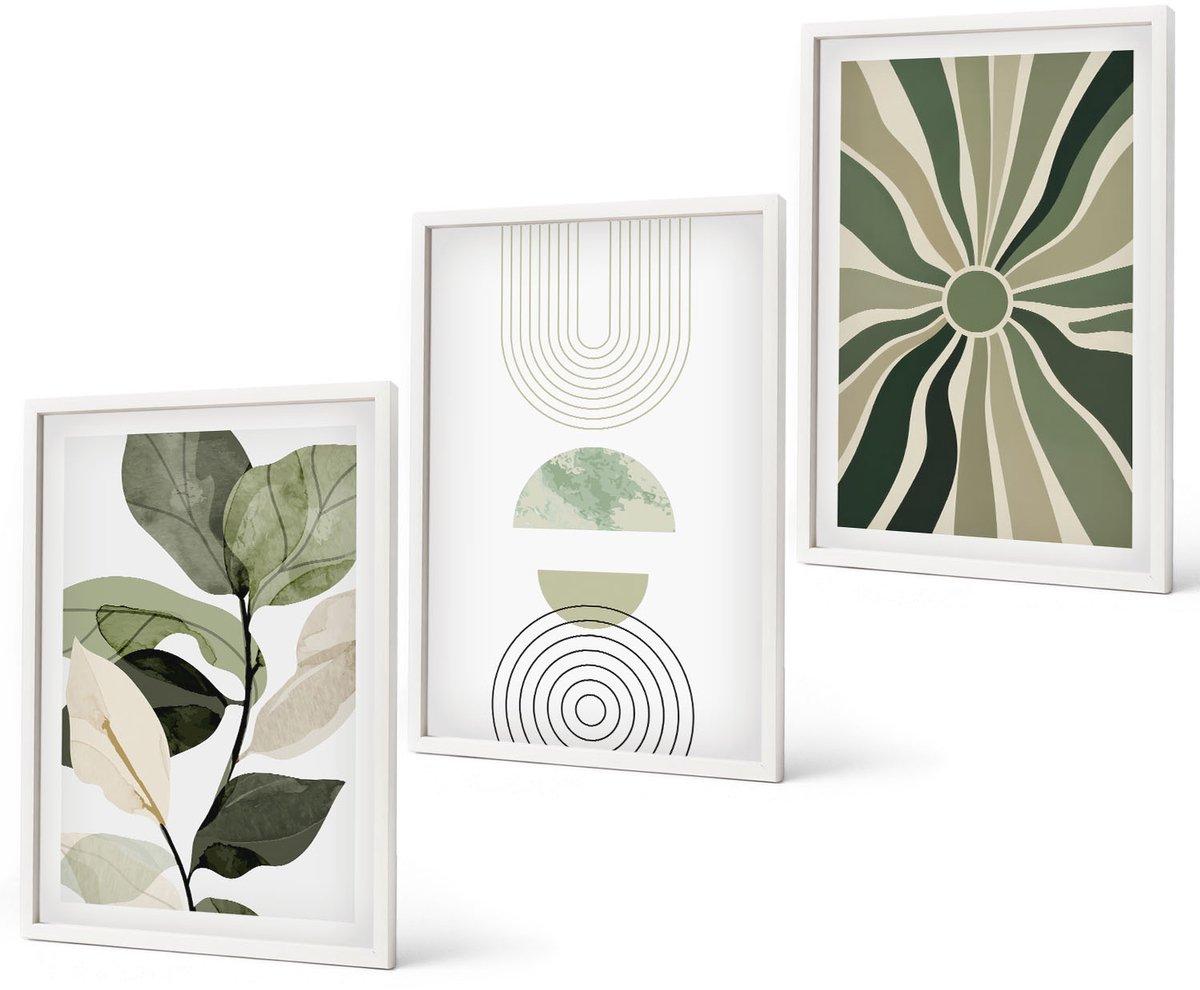 Coloray 3-Delige Schilderij Set - Plantmotieven Met Geometrische Vormen In Groen - 40 x 60 - Decoratieve Schilderijen - Wanddecoratie - Hal - Moderne Wanddecoratie