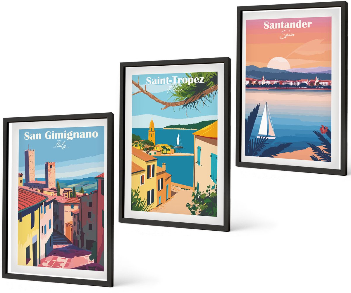 Coloray 3-Delige Schilderij Set - Italiaanse Stadjes En Retro Kustlandschappen - 40 x 60 cm - Wanddecoratie - Woonkamer Decoratie - Stijlvolle Muurdecoratie