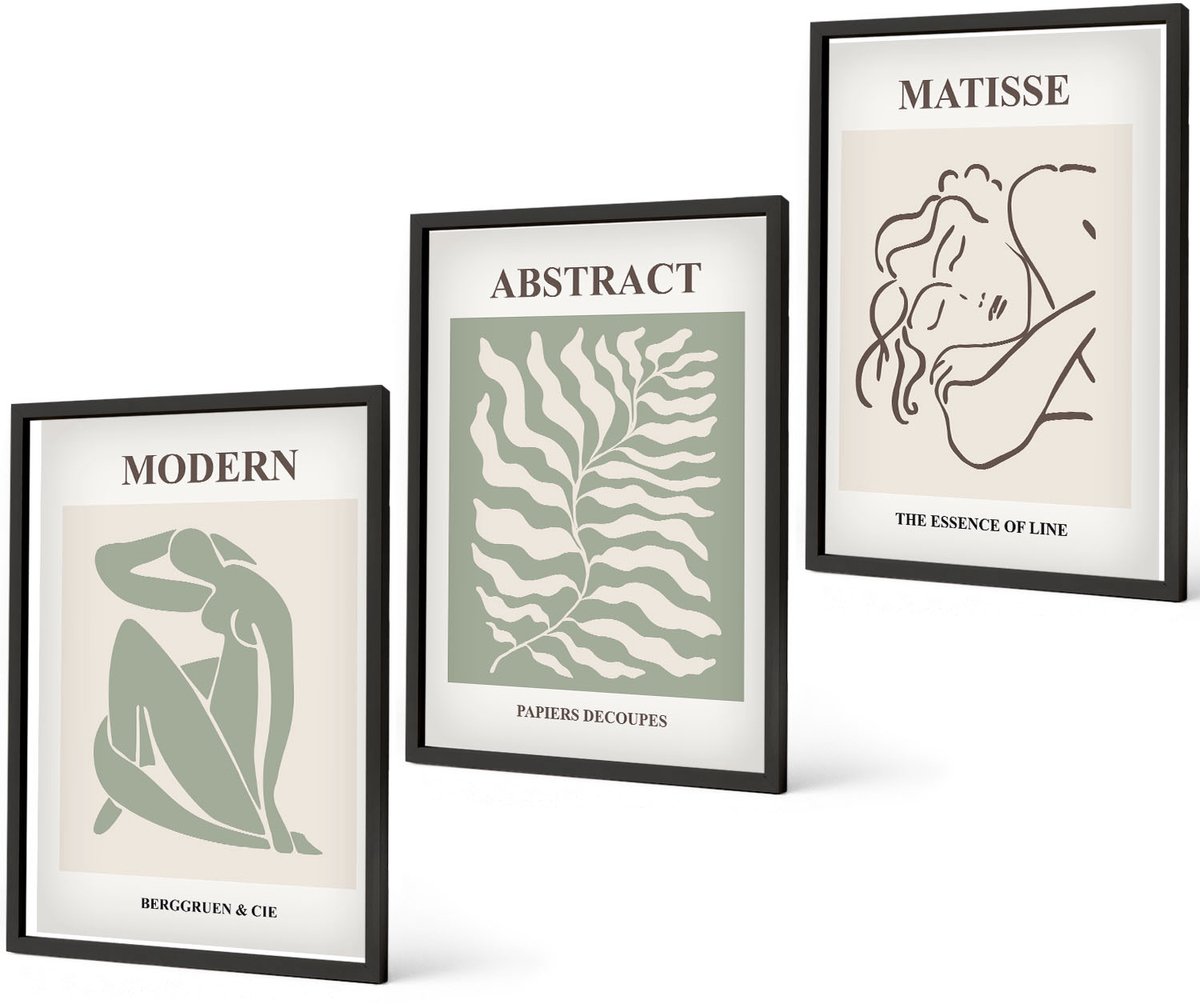 Coloray 3-Delige Schilderij Set - Stijlvolle Schilderijen In Groene Tinten Met Figuren En Bladeren. - 40 x 60 cm - Decoratieve Schilderijen - Woonkamer - Interieur - Woonkamer Decoratie