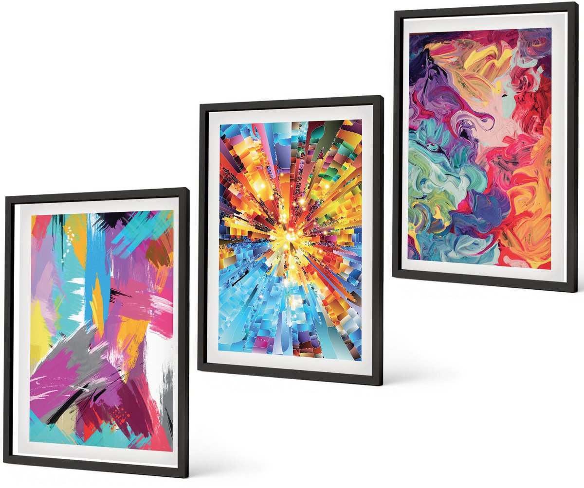 Coloray 3-Delige Schilderij Set - Kleurrijke Abstracte Schilderijen Met Dynamische Patronen - 40 x 60 cm - Wanddecoratie - Woonkamer Decoratie - Muurdecoratie