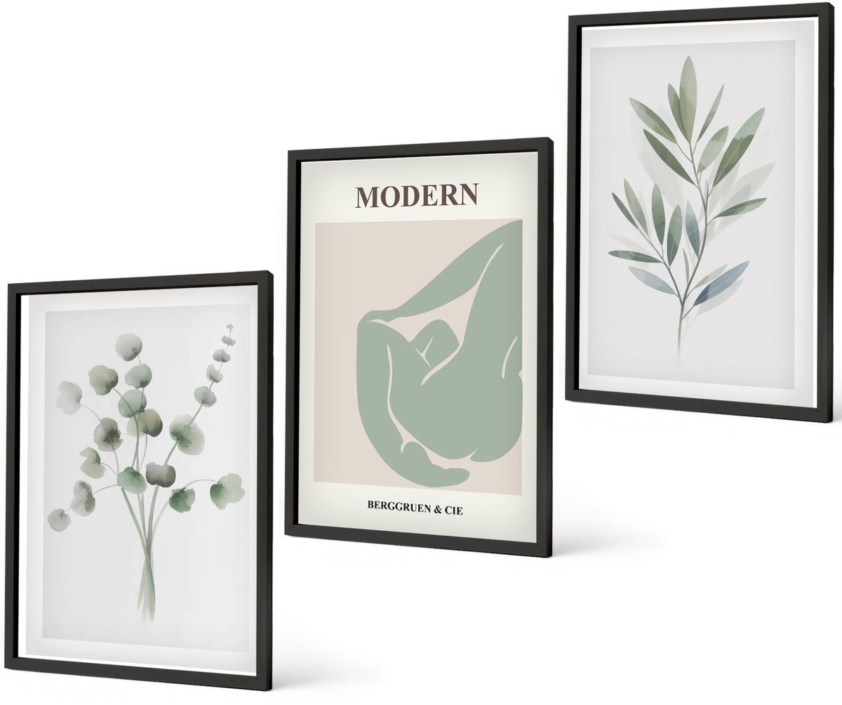 Coloray 3-Delige Schilderij Set - Plantmotieven In Delicate Groene Tinten - 40 x 60 cm - Stijlvolle Wanddecoratie - Interieur - Moderne Wanddecoratie Zwarte lijst