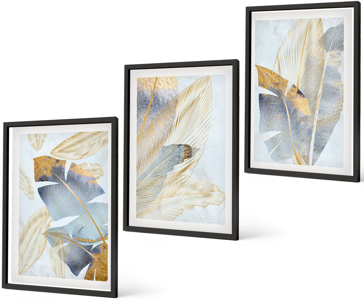 Coloray 3-Delige Schilderij Set - Bladeren In Blauwe En Beige Tinten Op Een Lichte Achtergrond. - 40 x 60 cm - Wanddecoratie - Woonkamer Decoratie - Stijlvolle Muurdecoratie