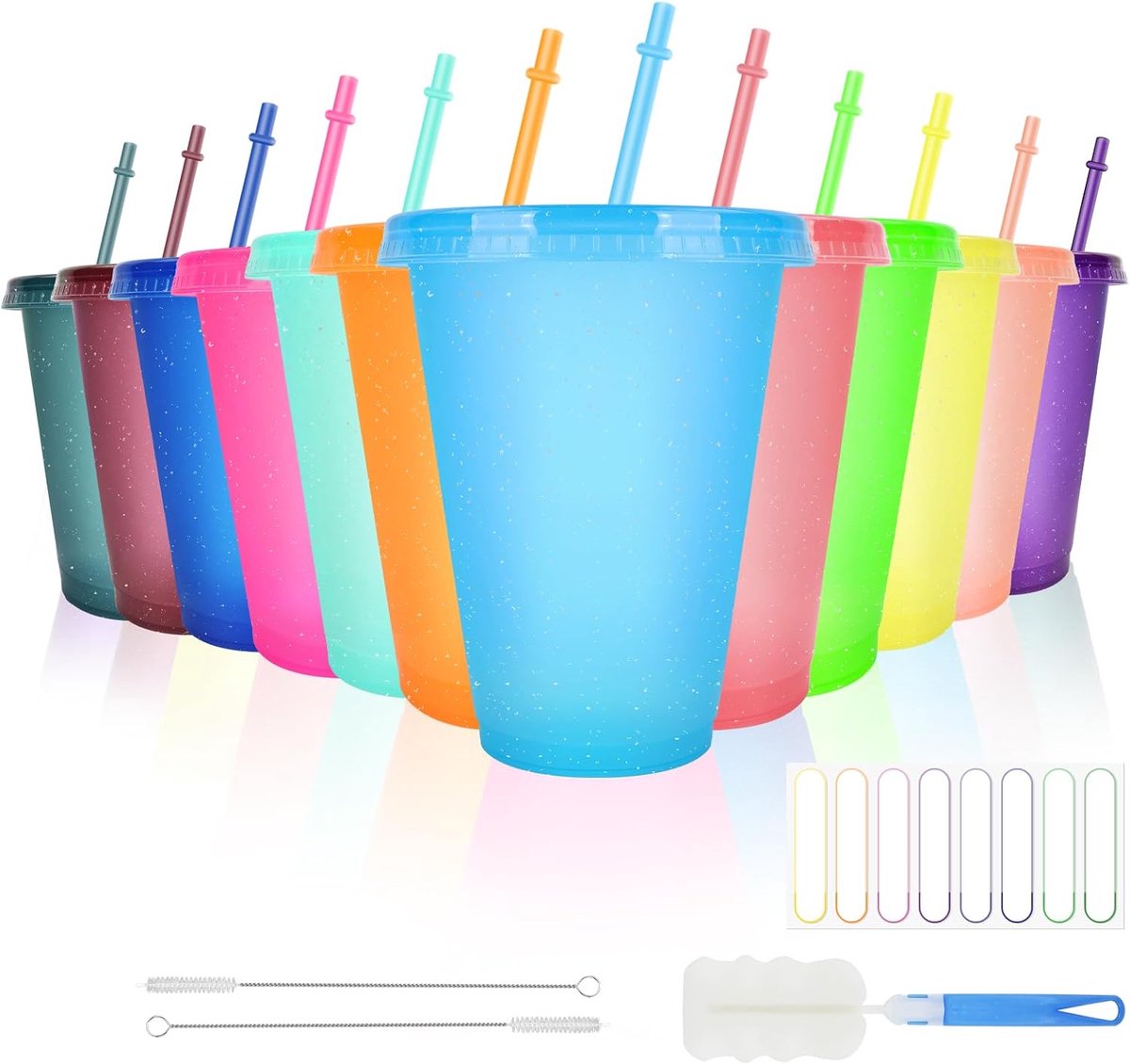12 Pack kleur veranderende kopjes, 17oz plastic bekers met rietjes en deksels - ShopVlot