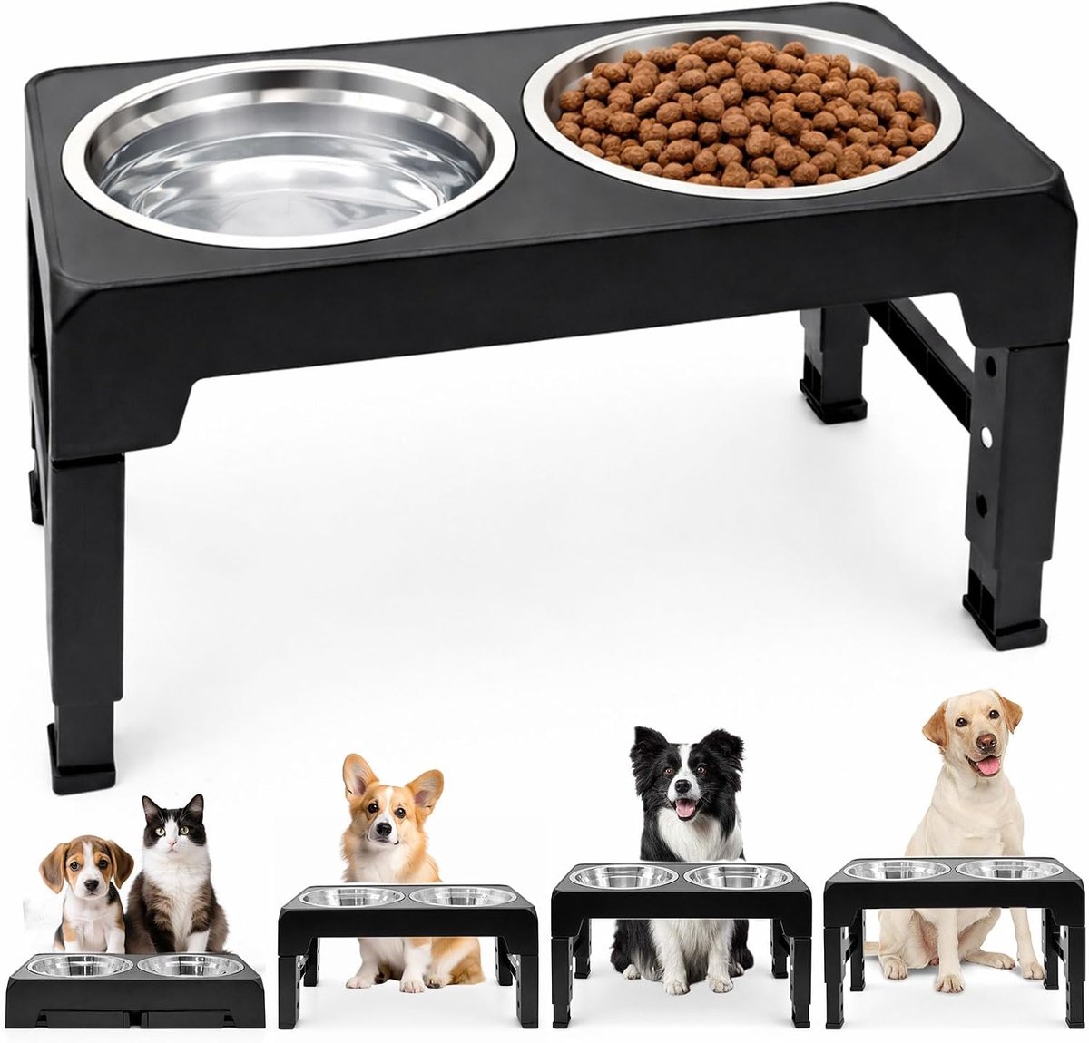 Verstelbare hondenbak, voerbak voor honden, 4 in hoogte verstelbare voerbak, 8, 22, 26, 30 cm, voerstation met 2 x - ShopVlot