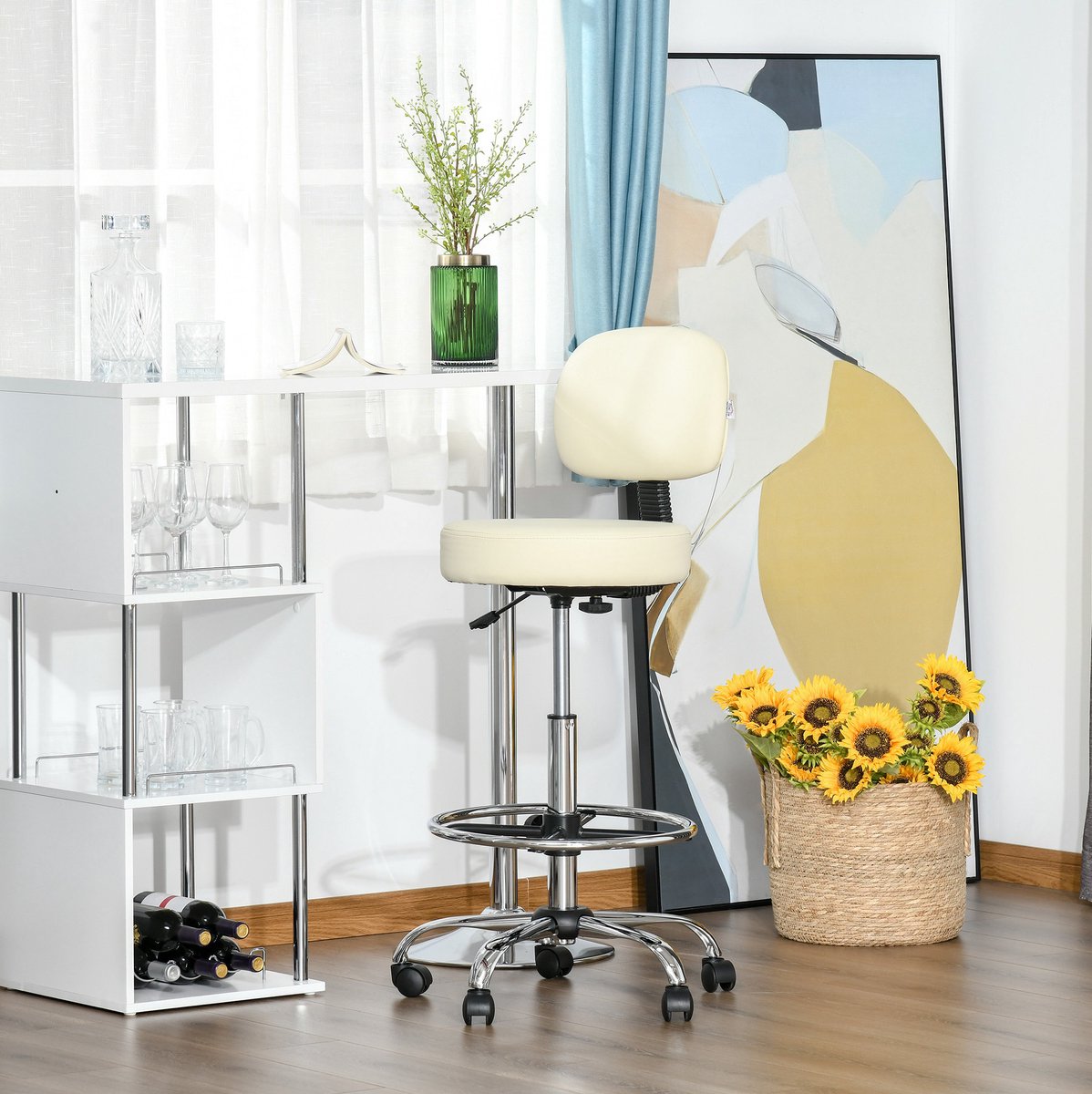 FloraGrace Barkruk – Draaibaar En Hoogteverstelbaar – Geen Set – Kunstleer En Metaal – Beige – Met Rugleuning, Wielen En Voetensteun
