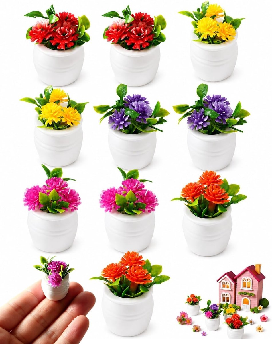 10-delige miniatuurplantenset, accessoires voor miniatuurtuin, 1:12, feeëntuin, realistische mini-planten en bloemen - ShopVlot