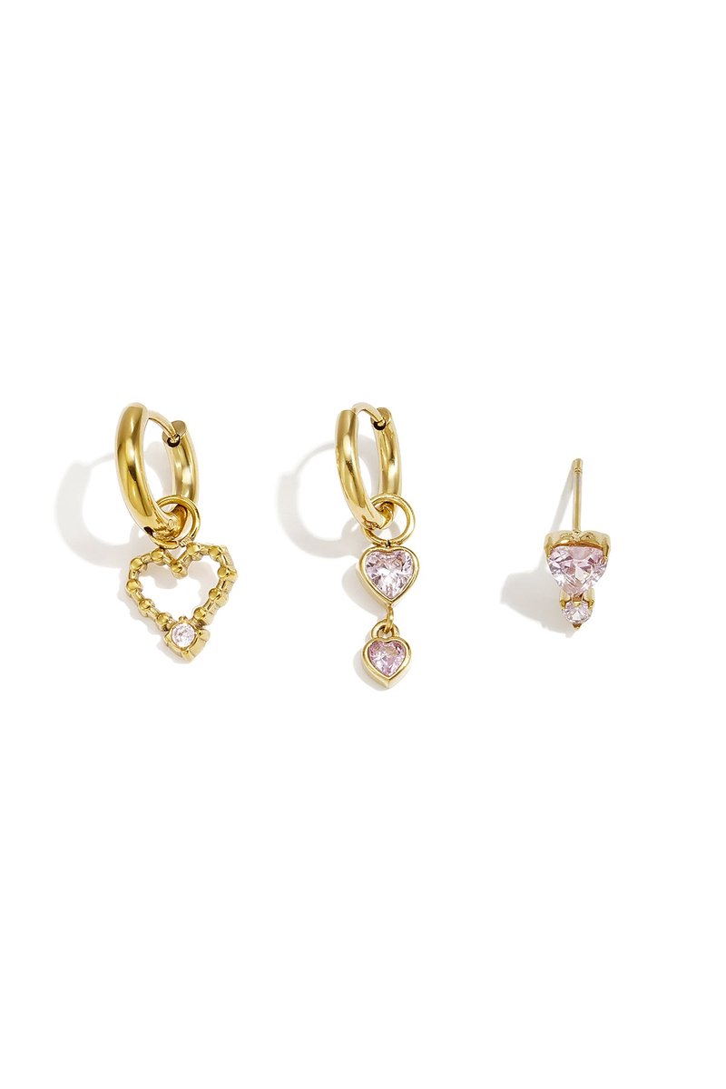 Mila - Oorbellen set Hart - Zirkonia - Stainless Steel - - Roze