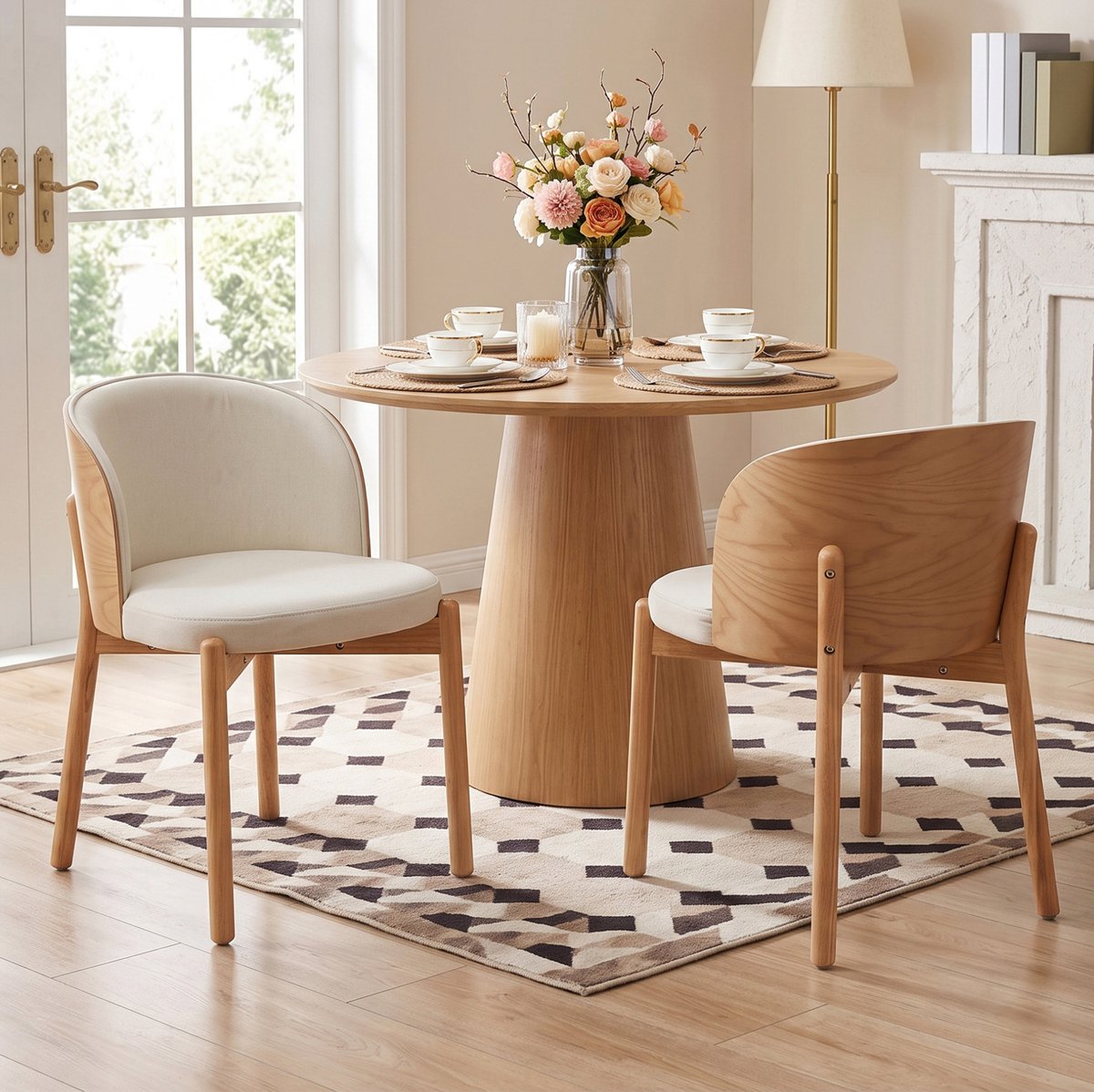 FloraGrace Eetkamerstoel Set Van 2 - Comfortabele Stoffen Stoelen Met Gebogen Rugleuning En Houten Frame - Voor Eetkamer En Woonkamer - Naturel