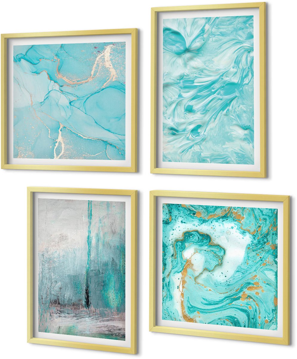 Coloray 4-Delige Schilderij Set - Verschillende blauwtinten in delicate abstracte patronen - 40 x 40 cm en 40 x 60 cm - Moderne Wanddecoratie - Woonkamer - Woonkamer Decoratie
