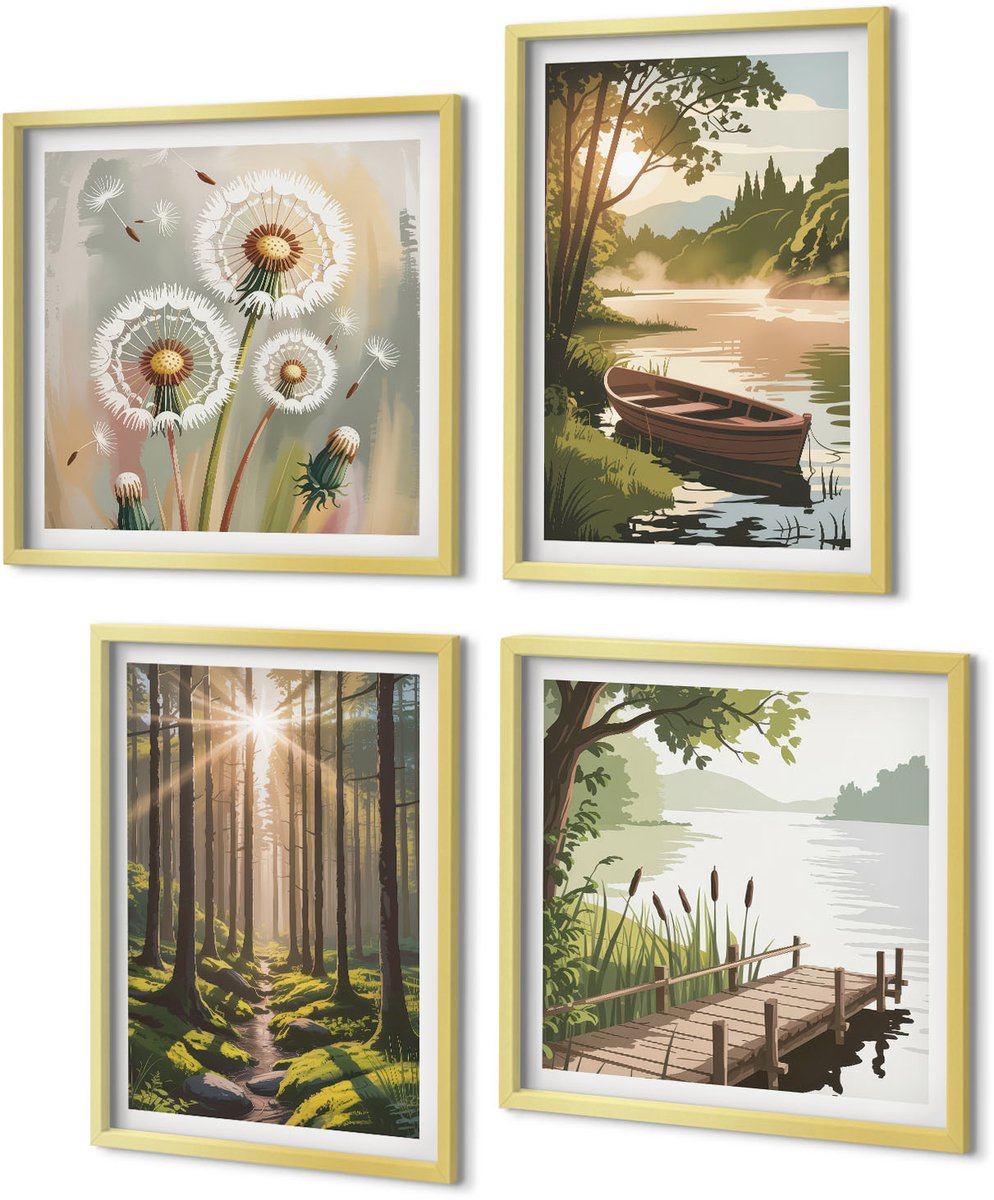 Coloray 4-Delige Schilderij Set - Rustige landschappen van bos en meer met een boot - 40 x 40 cm en 40 x 60 cm - Wanddecoratie - Woonkamer Decoratie - Moderne Wanddecoratie