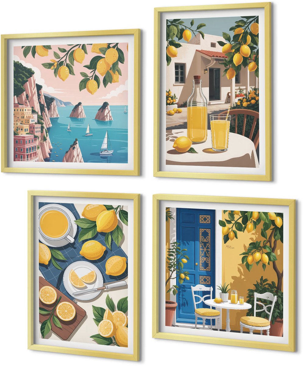 Coloray 4-Delige Schilderij Set - Lemonade, Italiaans uitzicht en een zonnig terras - 40 x 40 cm en 40 x 60 cm - Wanddecoratie - Schilderijen Set - Kantoor - Muurdecoratie