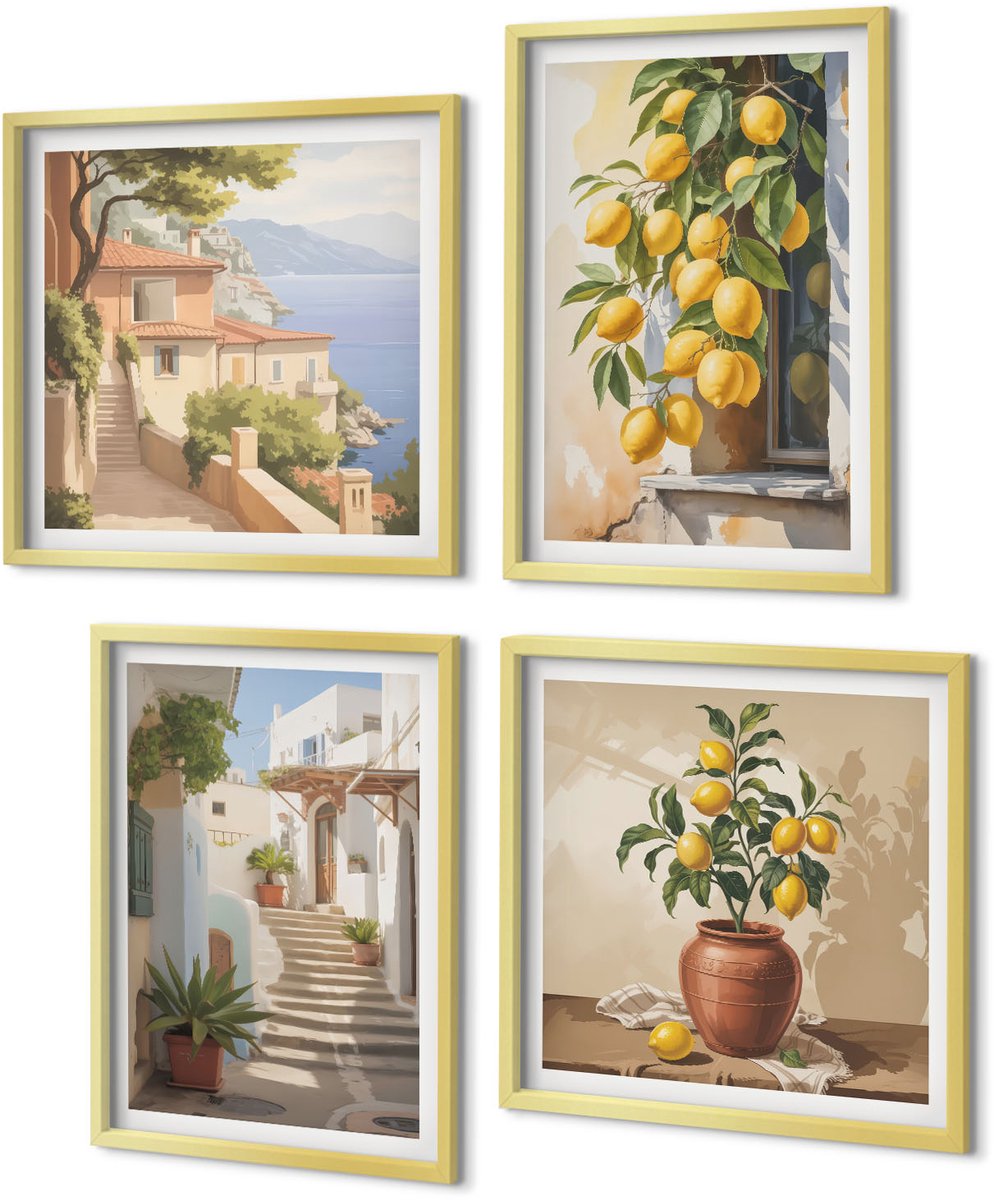 Coloray 4-Delige Schilderij Set - Sfeervolle straatjes met citroenbomen en uitzicht op zee. - 40 x 40 cm en 40 x 60 cm - Decoratieve Schilderijen - Wanddecoratie - Hal - Muurdecoratie