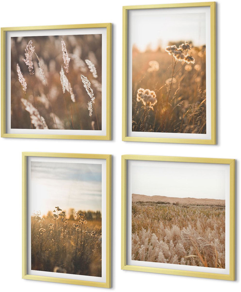 Coloray 4-Delige Schilderij Set - Zomerse uitzichten op weilanden en bloemen bij zonsondergang - 40 x 40 cm en 40 x 60 cm - Muurdecoratie - Schilderijen Set - Woonkamer - Woonkamer Decoratie