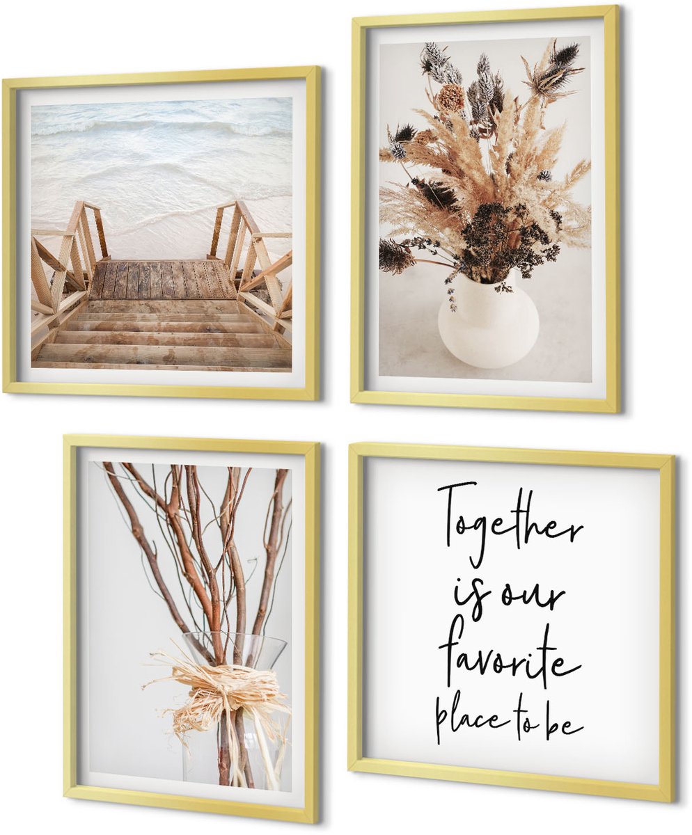 Coloray 4-Delige Schilderij Set - Bloemen en takken in een minimalistische, natuurlijke stijl. - 40 x 40 cm en 40 x 60 cm - Decoratieve Schilderijen - Wanddecoratie - Hal - Muurdecoratie