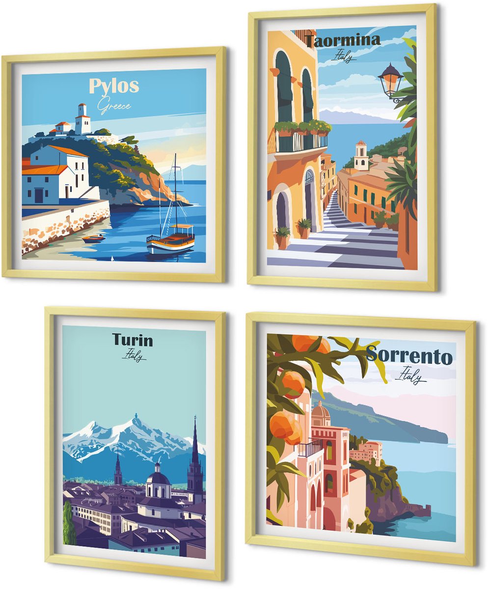 Coloray 4-Delige Schilderij Set - Kleurrijke, illustratieve stadsgezichten in retrostijl - 40 x 40 cm en 40 x 60 cm - Muurdecoratie - Interieur Decoratie - Stijlvolle Muurdecoratie
