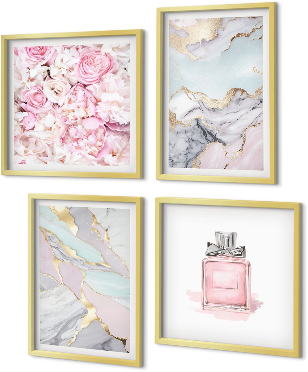 Coloray 4-Delige Schilderij Set - Roze bloemen met marmer- en pastelpatronen - 40 x 40 cm en 40 x 60 cm - Wanddecoratie - Muurdecoratie - Woonkamer - Interieur Decoratie