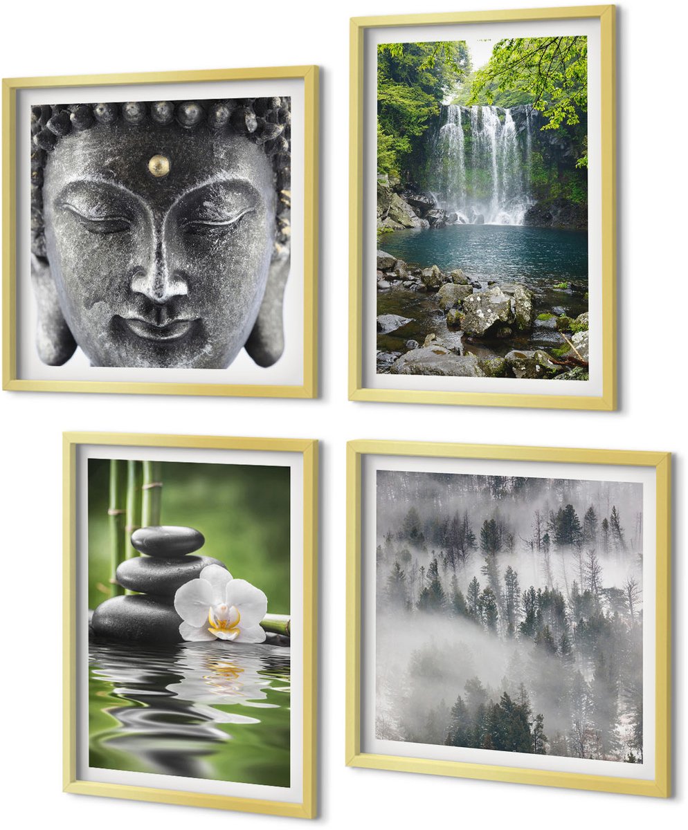 Coloray 4-Delige Schilderij Set - Harmonie van de natuur met stenen, water en Boeddha - 40 x 40 cm en 40 x 60 cm - Decoratieve Muurdecoratie - Slaapkamer - Moderne Wanddecoratie