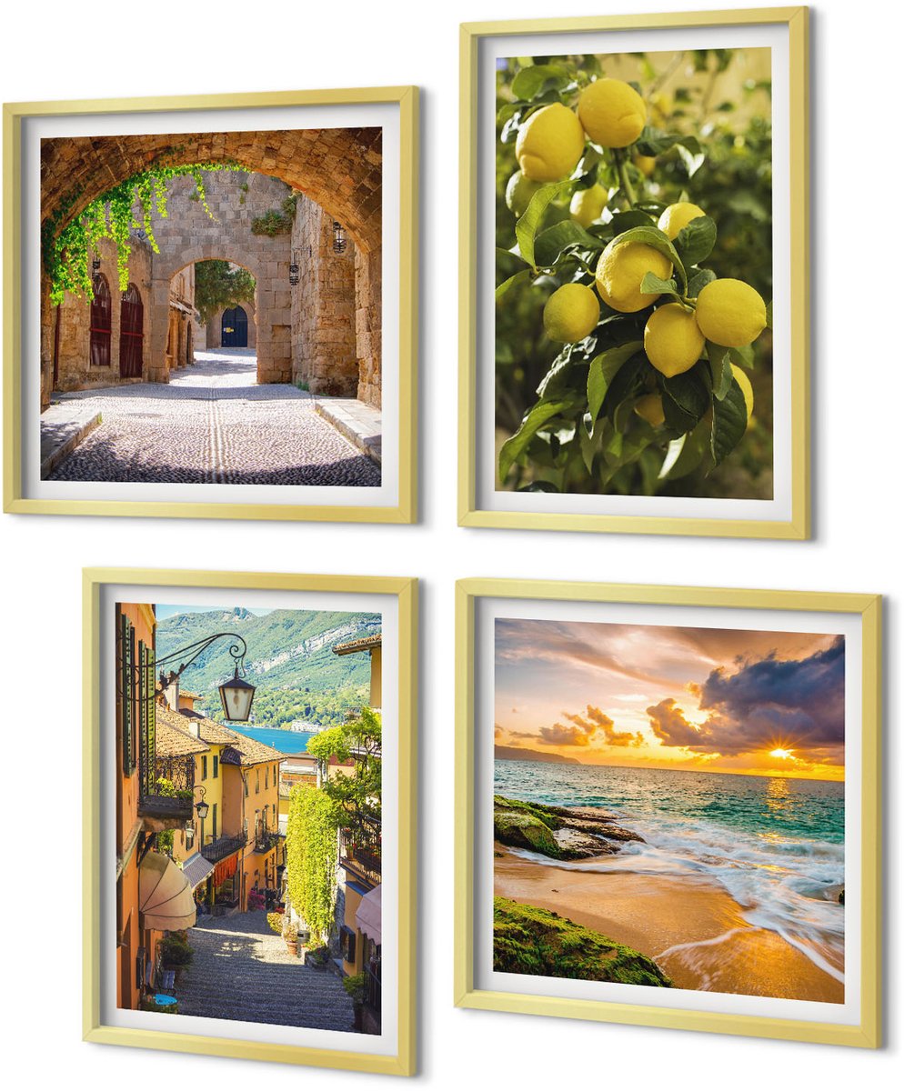 Coloray 4-Delige Schilderij Set - Schilderachtige straatjes, zee, strand en citrusbomen. - 40 x 40 cm en 40 x 60 cm - Muurdecoratie - Wanddecoratie - Hal - Stijlvolle Muurdecoratie