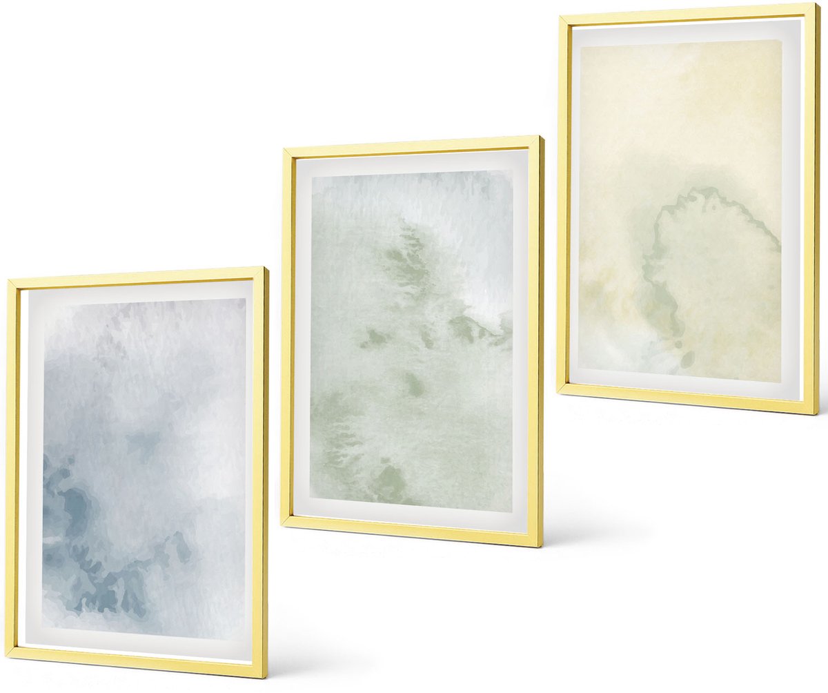 Coloray 3-Delige Schilderij Set - Pastelkleurige Aquarelverf Op Canvastextuur - 40 x 40 cm En 40 x 60 cm - Muurdecoratie - Wanddecoratie - Hal