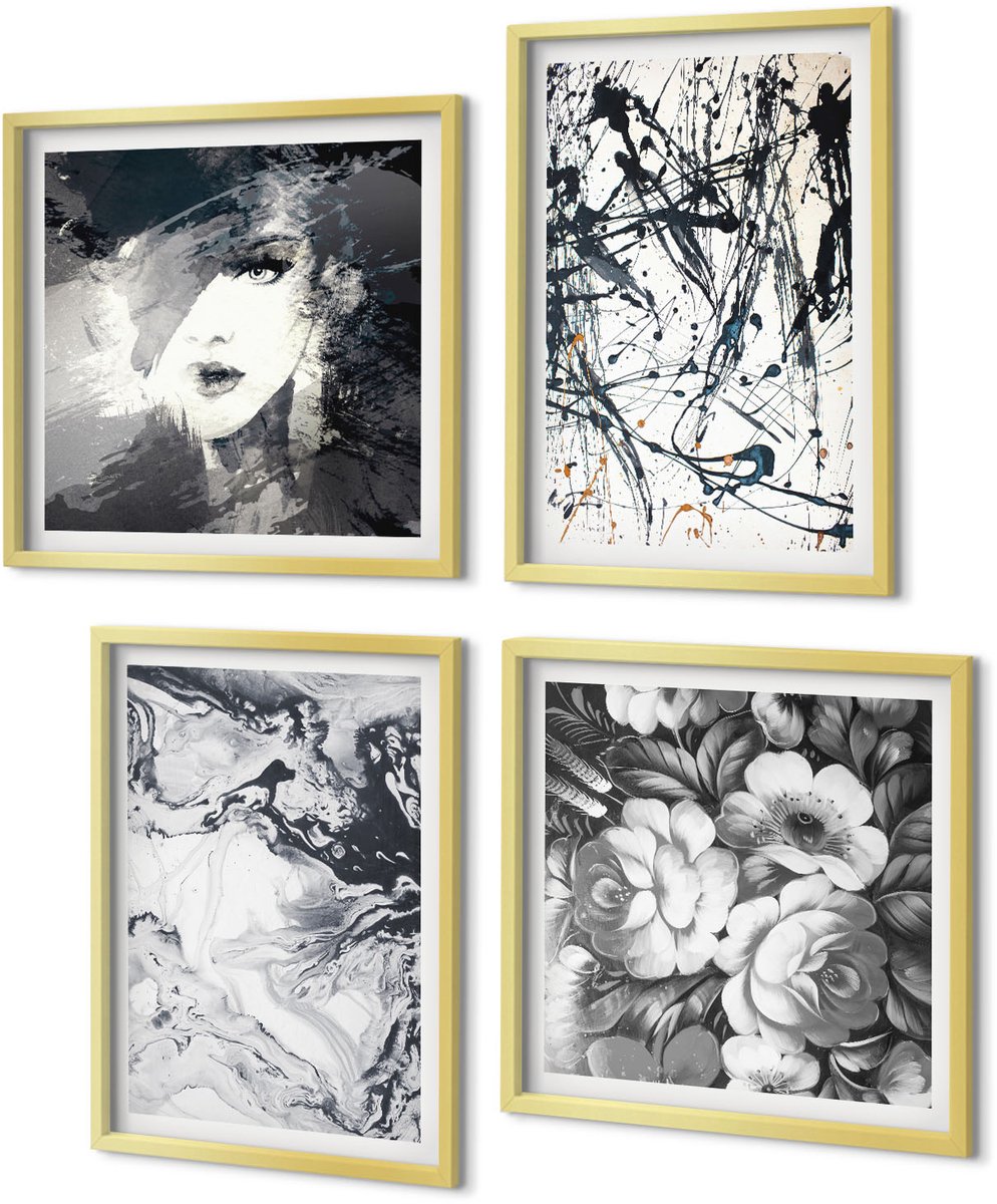 Coloray 4-Delige Schilderij Set - Abstracte patronen in zwart-wit tinten - 40 x 40 cm en 40 x 60 cm - Muurdecoratie - Schilderijen Set - Woonkamer - Moderne Wanddecoratie