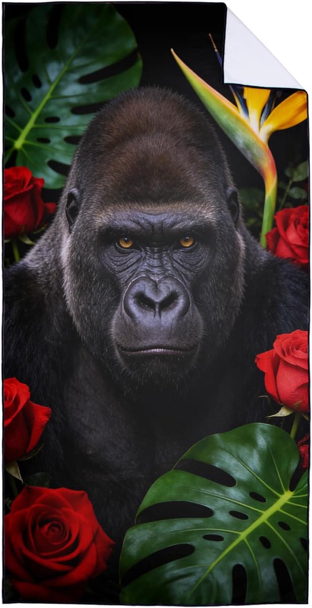 Microfibre Large Beach Towel, 90 x 180 cm, Quick-Drying and Compact Towel, Beach Towel, Gorilla in Red Rose Pattern - ShopVlot