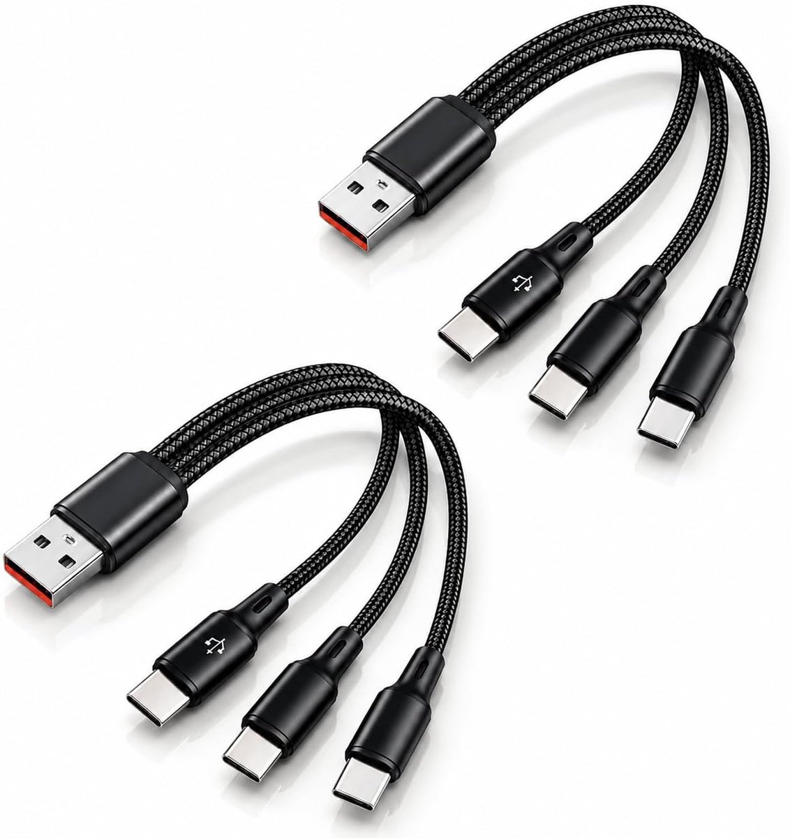 2 stuks USB C-splitterkabel, USB A naar 3 USB C, 0,2 m, 3-in-1 nylon gevlochten oplaadkabel met 3 kabels van 0,2 m - ShopVlot