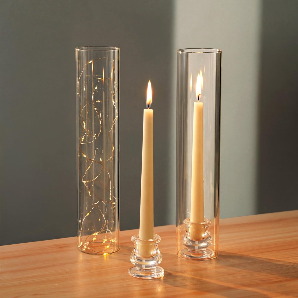 Famanu Set van 2 kaarsenhouders van glas, heldere orkaan kandelaar houder van 30 cm hoog, met winddicht cilinderdeksel voor open haard en eetkamer decoratie Zwart