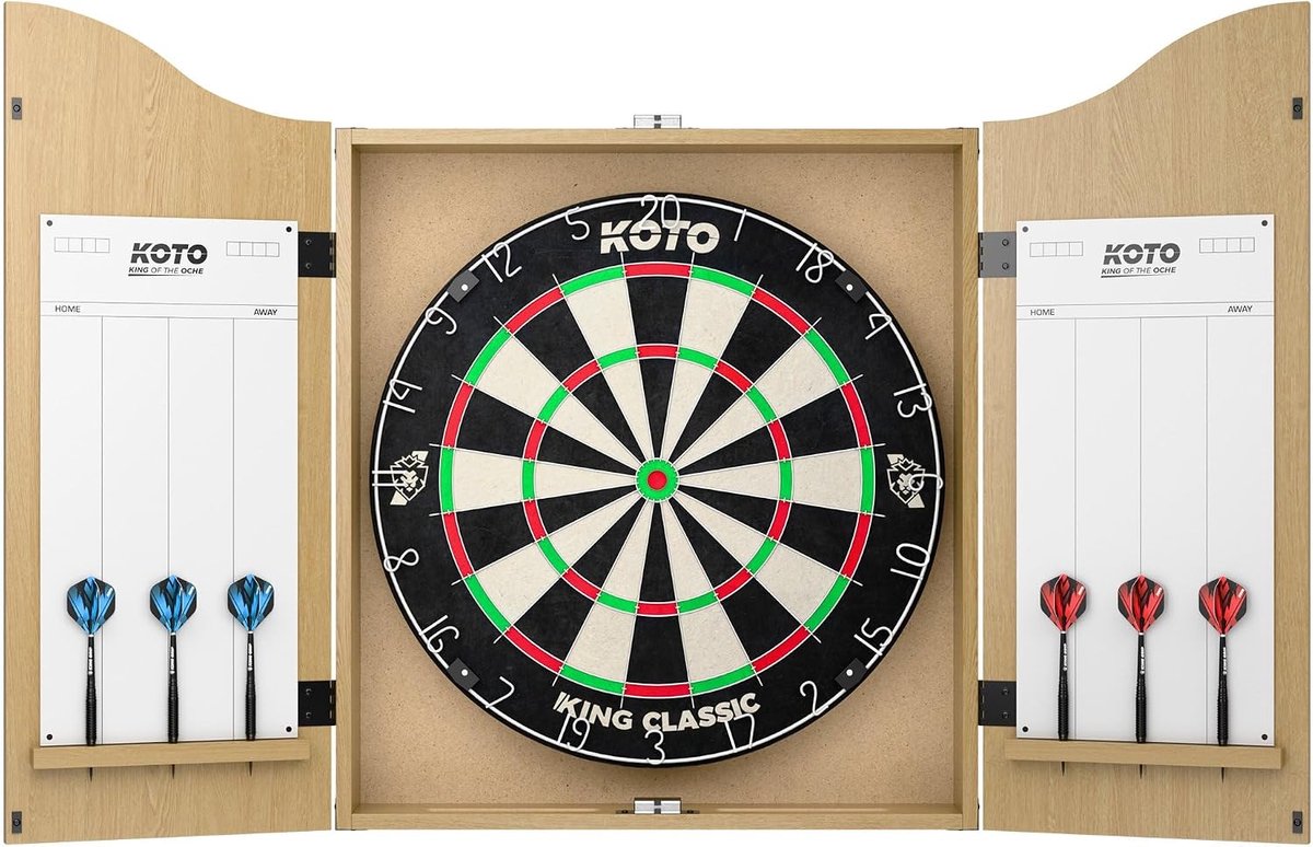 KOTO – Dart Cabinet Set Oak, Complete with Dart Board, 2 Sets Dart Arrows & Oche Line, Luxury Wooden Dart Cabinet - ShopVlot