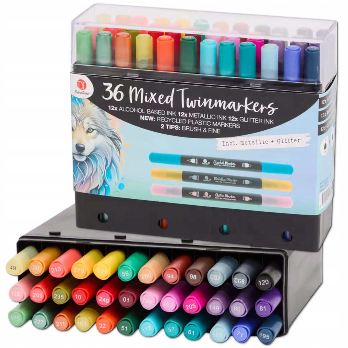 36x Alcoholstiftenset - Dubbele Punten, Metallic & Glitter - Inclusief etui