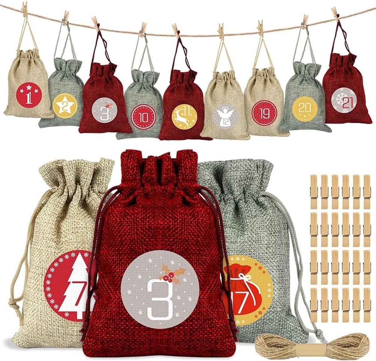 24 Advent Calendar for Filling, Fabric Bag for Advent Calendar, Christmas Calendar, Jute Bags, Surprise Calendar, for - ShopVlot