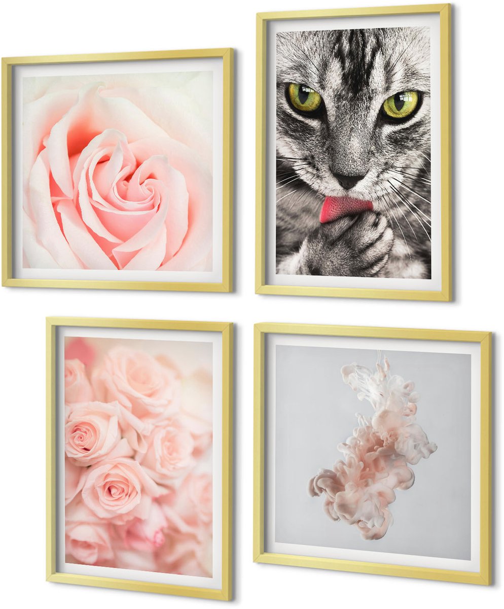 Coloray 4-Delige Schilderij Set - Grijze kat, delicate rozen, subtiele abstractie - 40 x 40 cm en 40 x 60 cm - Moderne Wanddecoratie - Slaapkamer - Woonkamer Decoratie