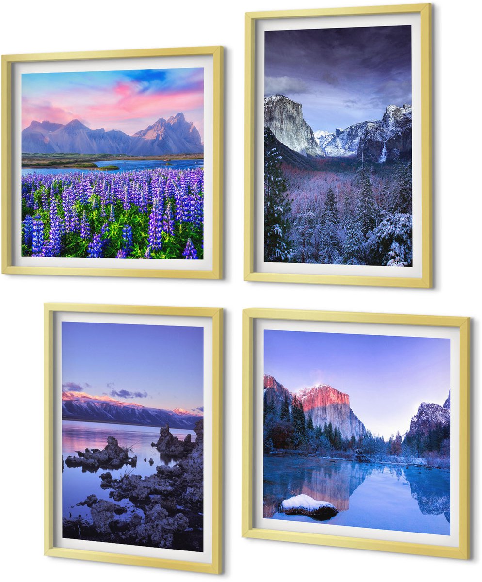 Coloray 4-Delige Schilderij Set - Berglandschappen met water, lucht en bloemenvelden - 40 x 40 cm en 40 x 60 cm - Stijlvolle Wanddecoratie - Interieur