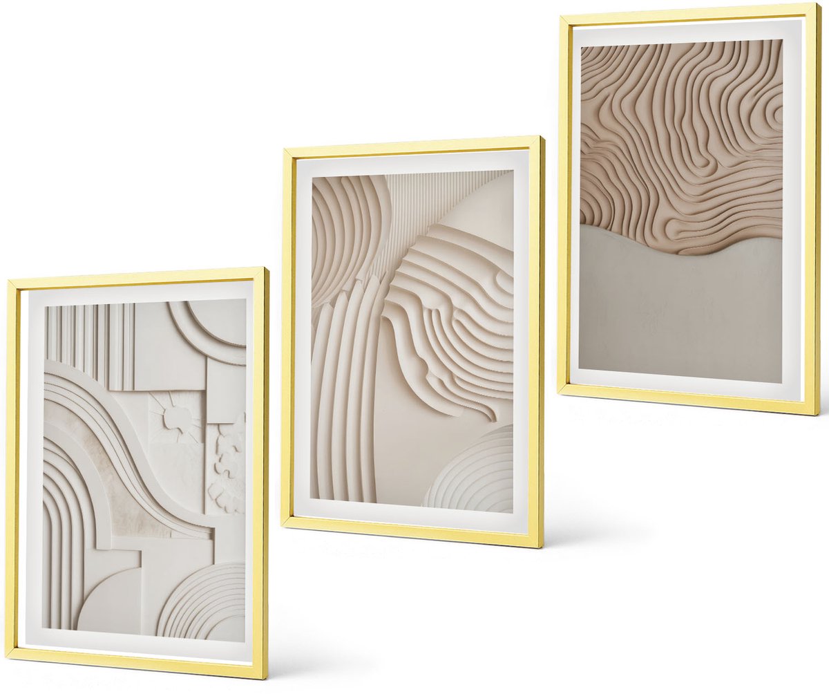Coloray 3-Delige Schilderij Set - Abstracte Textuurpatronen: Golven Op Zand - 40 x 40 cm En 40 x 60 cm - Stijlvolle Wanddecoratie - Interieur - Woonkamer Decoratie