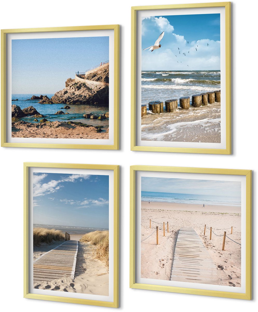 Coloray 4-Delige Schilderij Set - Strand met zand, golven, lucht en vogels in de lucht. - 40 x 40 cm en 40 x 60 cm - Muurdecoratie - Schilderijen Set - Woonkamer - Interieur Decoratie