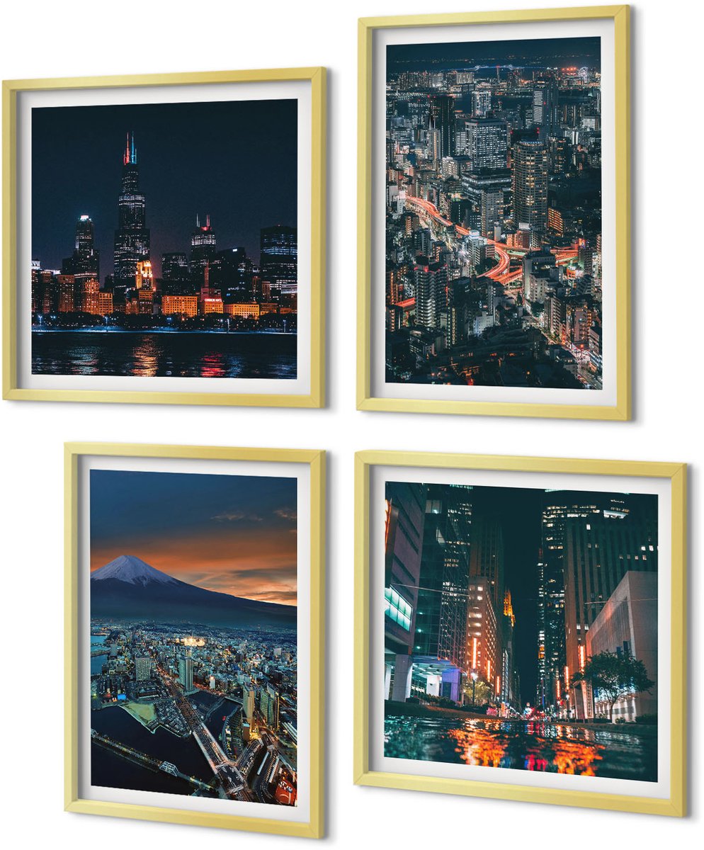 Coloray 4-Delige Schilderij Set - Uitzicht op de stad 's nachts vanaf de bergen met wolkenkrabbers - 40 x 40 cm en 40 x 60 cm - Muurdecoratie - Wanddecoratie - Hal - Woonkamer Decoratie
