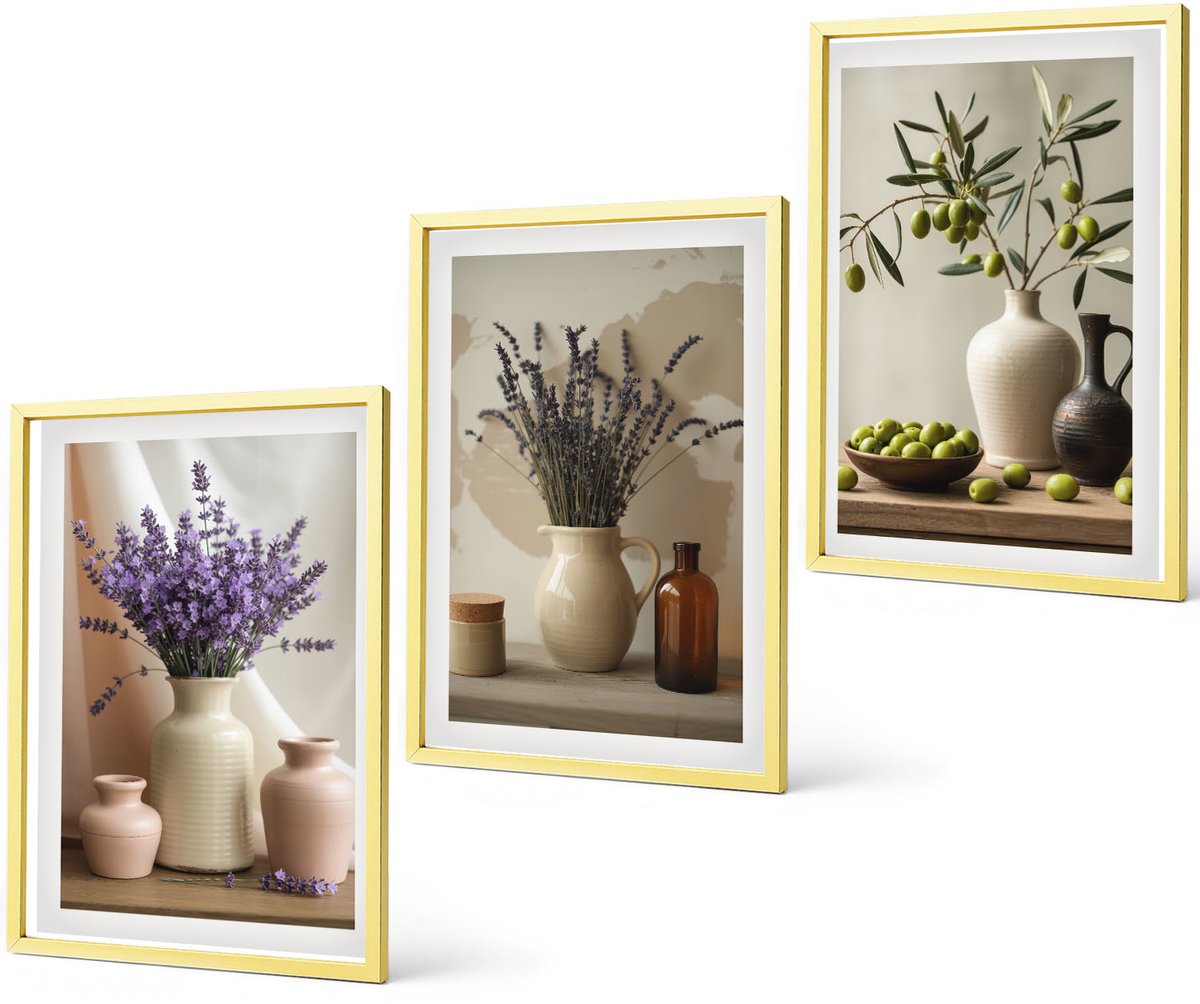 Coloray 3-Delige Schilderij Set - Bloemen Op Een Achtergrond Van Pastelkleuren En Delicate Patronen. - 40 x 40 cm En 40 x 60 cm - Wanddecoratie - Schilderijen Set - Interieur - Interieur Decoratie