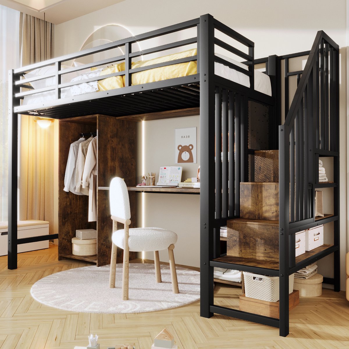 Hoogslaper - 90 x 200 cm - 1-persoons - met bureau - met kledingkast - met opbergruimte - met trap - Zwart