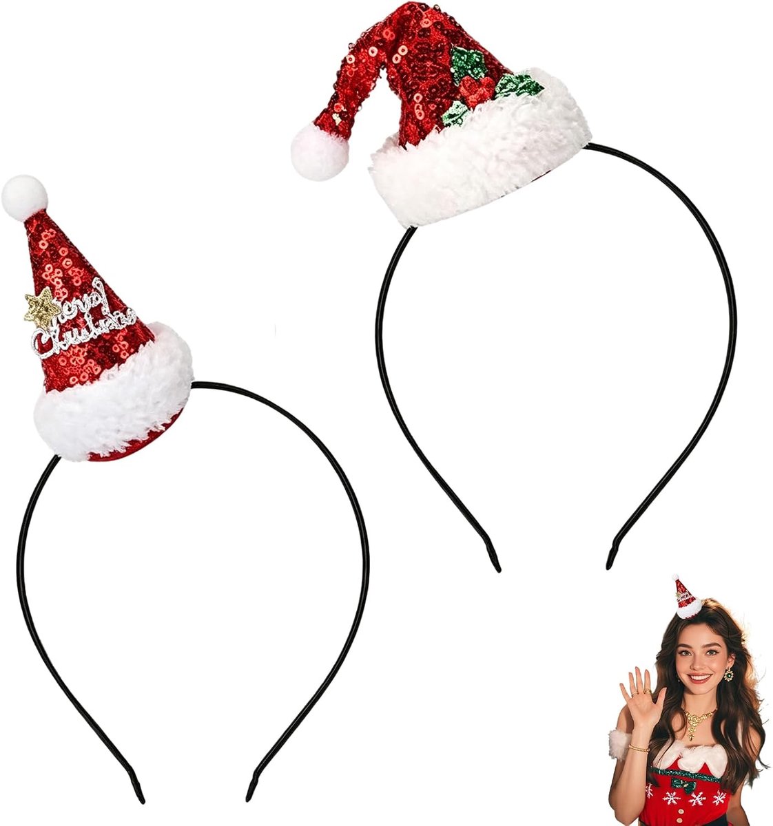 2 Stück Weihnachts Haarreifen mit Weihnachtsmütze Festlicher Kopfschmuck aus Polyester Baumwolle und Metall für - ShopVlot