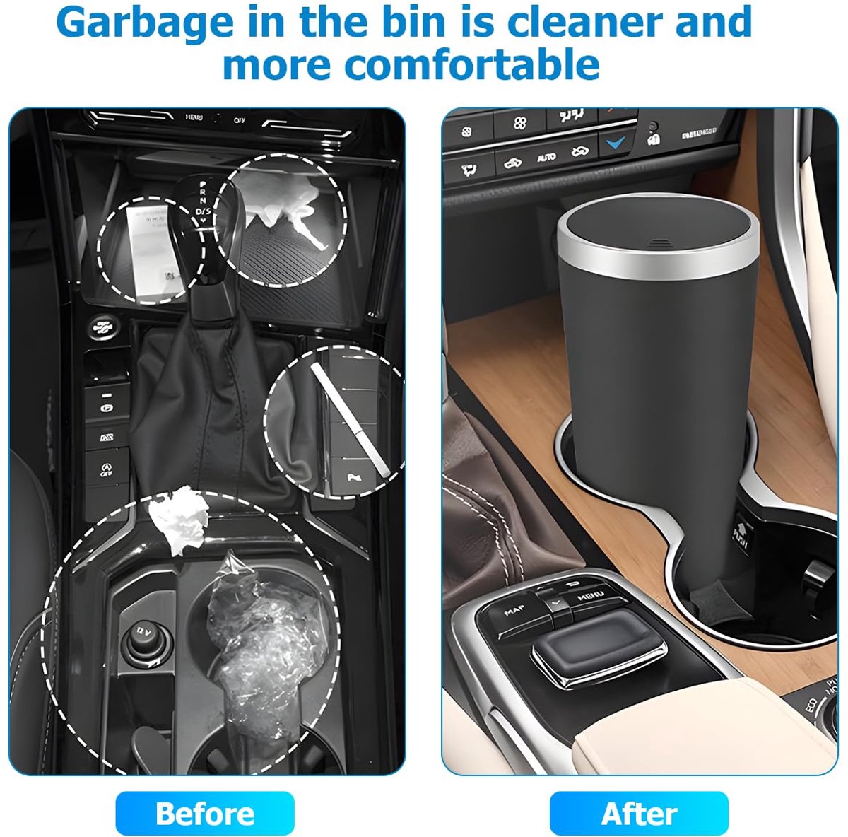 Mini Car Trash Bin, Universal Small Waste Bin with Lid, Portable Trash Bin, Console or Car Door Trash Bin (Black) - ShopVlot
