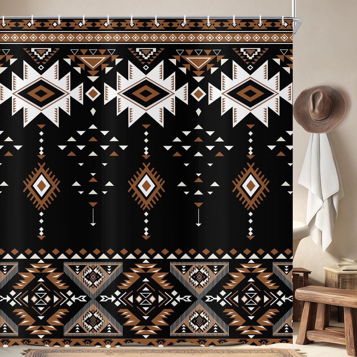 Westers zwart douchegordijn, abstract, boho, Zuidwesten, Azteeks, bruin, geometrisch, retro, waterdicht - ShopVlot