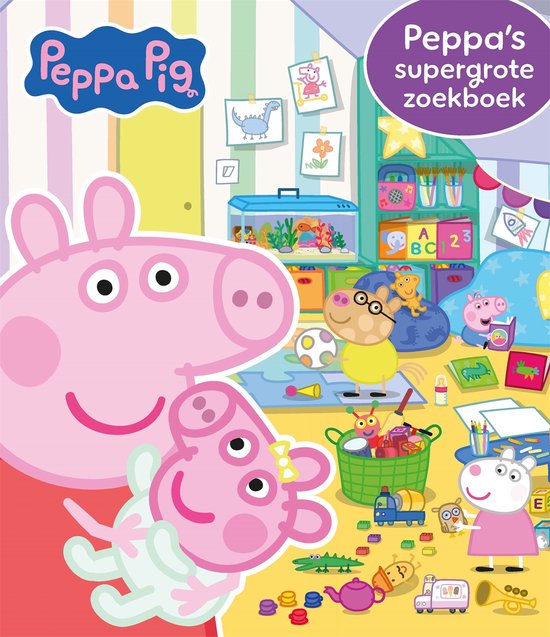 Le grand livre de jeux de Peppa Pig avec Peppa, George et leurs amis dans une chambre remplie de jouets.